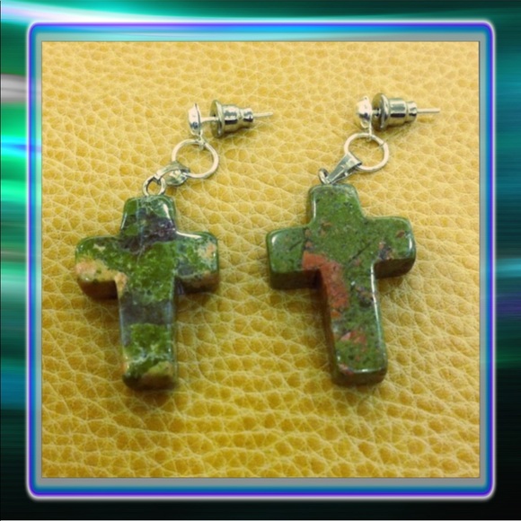 Jewelry of the Future Jewelry - Unakite Cross Earrings Stainless Steel Posts